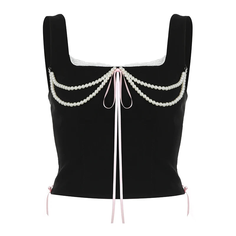 Vintage Fairy Core Corset Top Contrast Bandage Slim Tank Top Cute Sexy Clubwear Y2K Party Vest