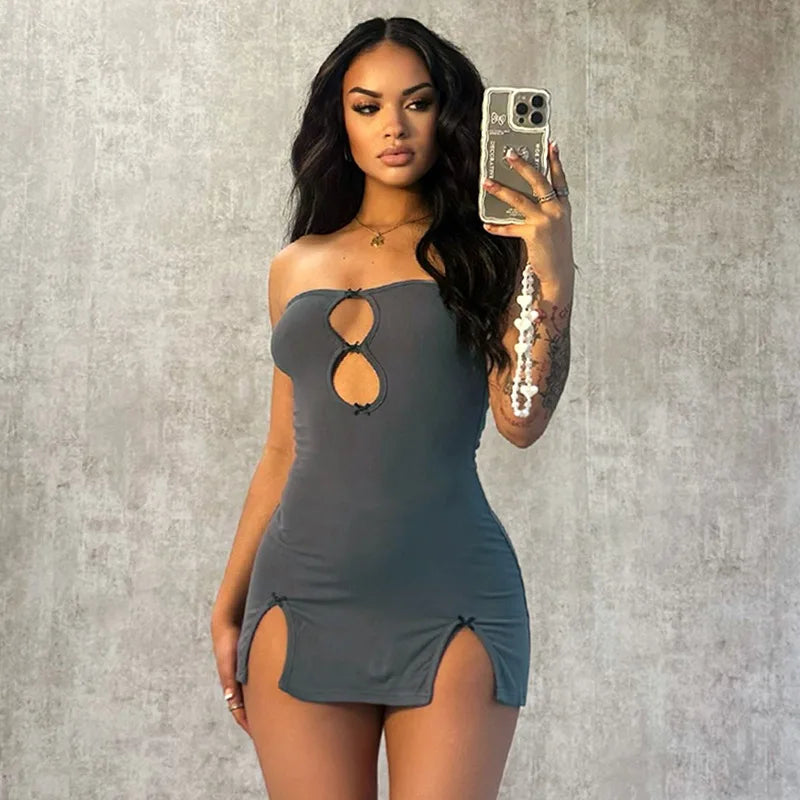 New Hollow Out Strapless Mini Dress for Women Nightclub Outfits Sexy Summer Dress