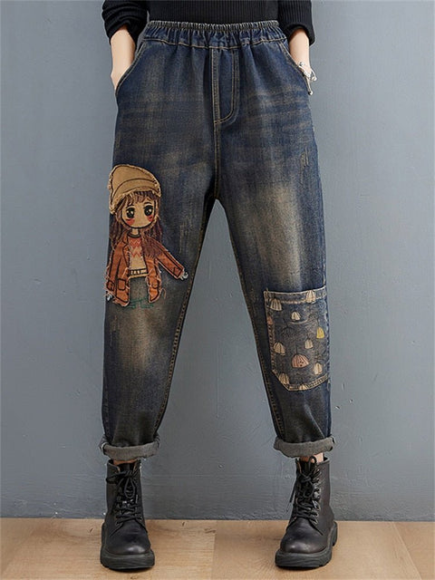 High Waist Cartoon Embroidered Jeans Women Casual Denim Comfortable Everyday Fashion Trousers