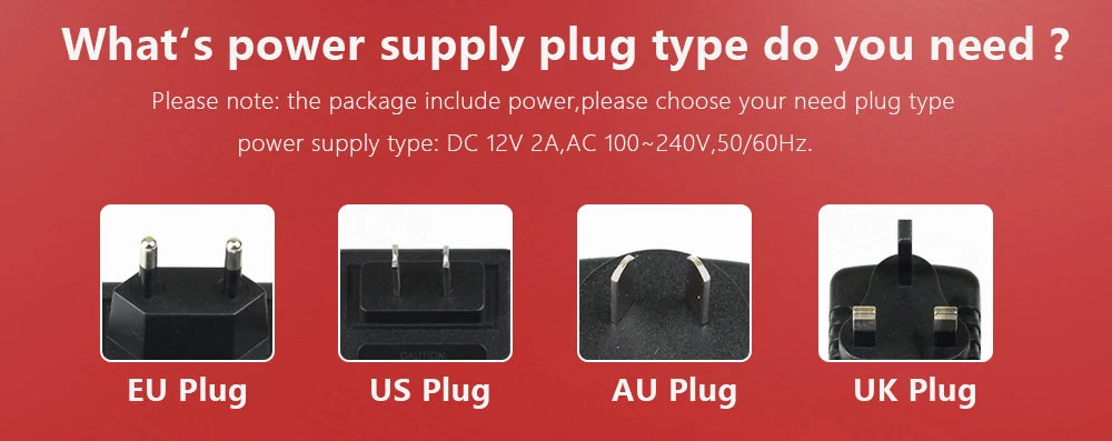 Power supply plug type selection guide with images of EU, US, AU, and UK plugs on a red background.