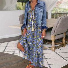 Women's Elegant Flower Print Loose Maxi Summer Dress Deep V-Neck Sleeveless Boho Long Dress