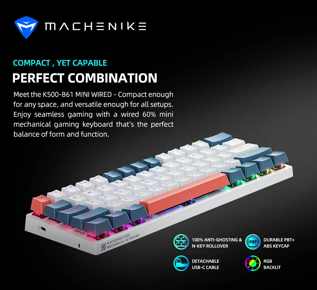 Mini Mechanical Keyboard 60% Form Factor 61Keys K500-B61 Gaming Keyboard Wired Full Key Hot-Swappable RGB Backlit Great Gift