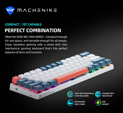 Mini Mechanical Keyboard 60% Form Factor 61Keys K500-B61 Gaming Keyboard Wired Full Key Hot-Swappable RGB Backlit Great Gift