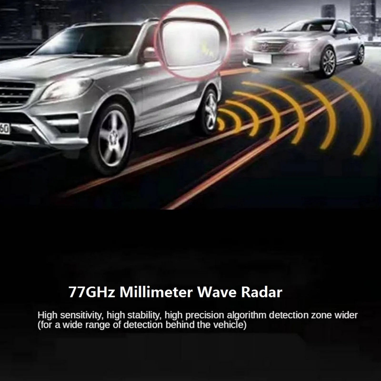 Car with 77GHz millimeter wave radar system on a road