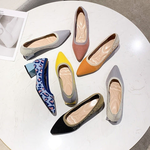 Knitted Block Heel Pumps Women Pointed Toe Breathable Comfortable Everyday Office Casual Fashion