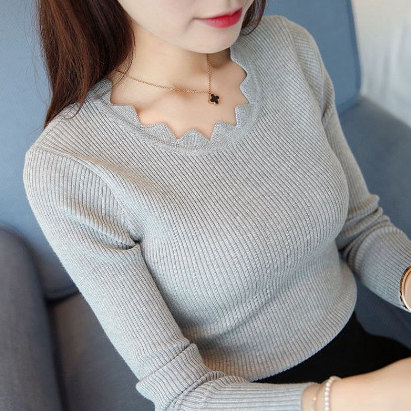 Women's Knit Sweater Slim Long Sleeve Chic O-Neck Knitted Pullover