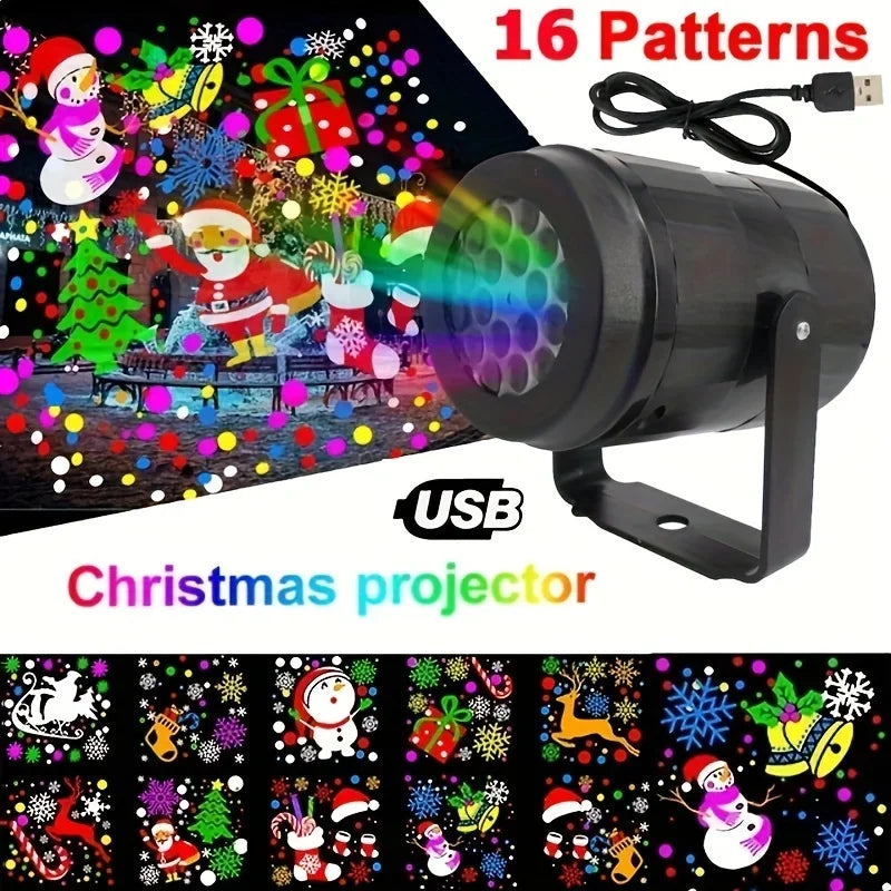 Christmas projector with USB connection displaying various patterns on a screen.