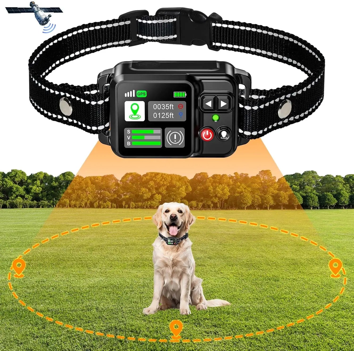 Dog collar with GPS tracker on a grassy field with trees in the background