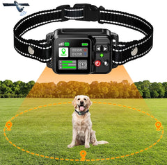 Dog collar with GPS tracker on a grassy field with trees in the background