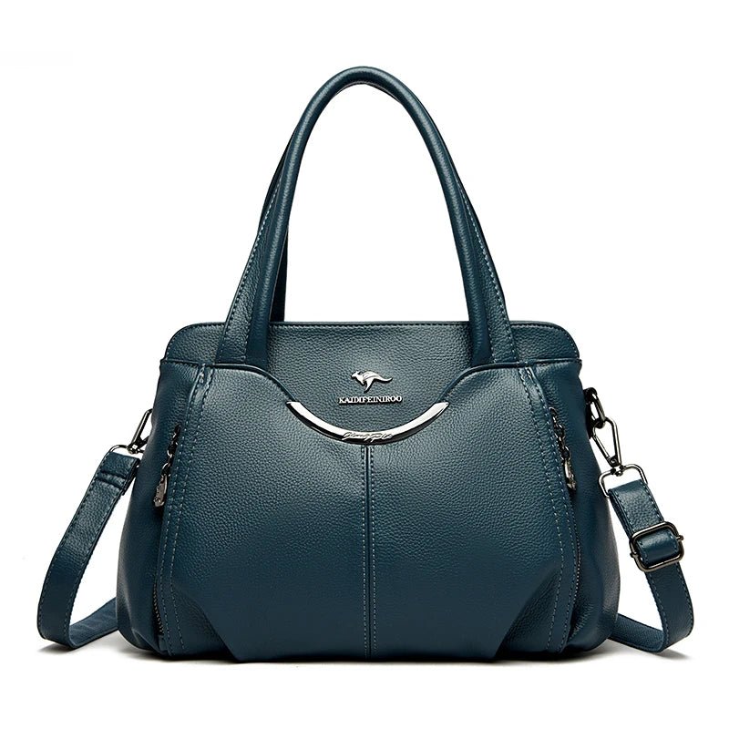 Blue handbag with a visible brand logo on a white background