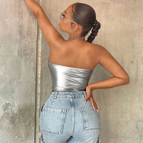 Bustier Top Women PU Corset Fashion Party Nightclub Tank Cami Trendy Outfit Streetwear