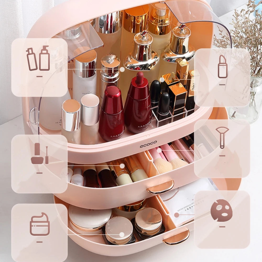 Cosmetic organizer with various beauty products on a white background