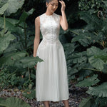 Flower Embroidered White Lace Prom Dress Women Summer Sleeveless Tank Pleated Midi Long Wedding Party Chiffon Dress