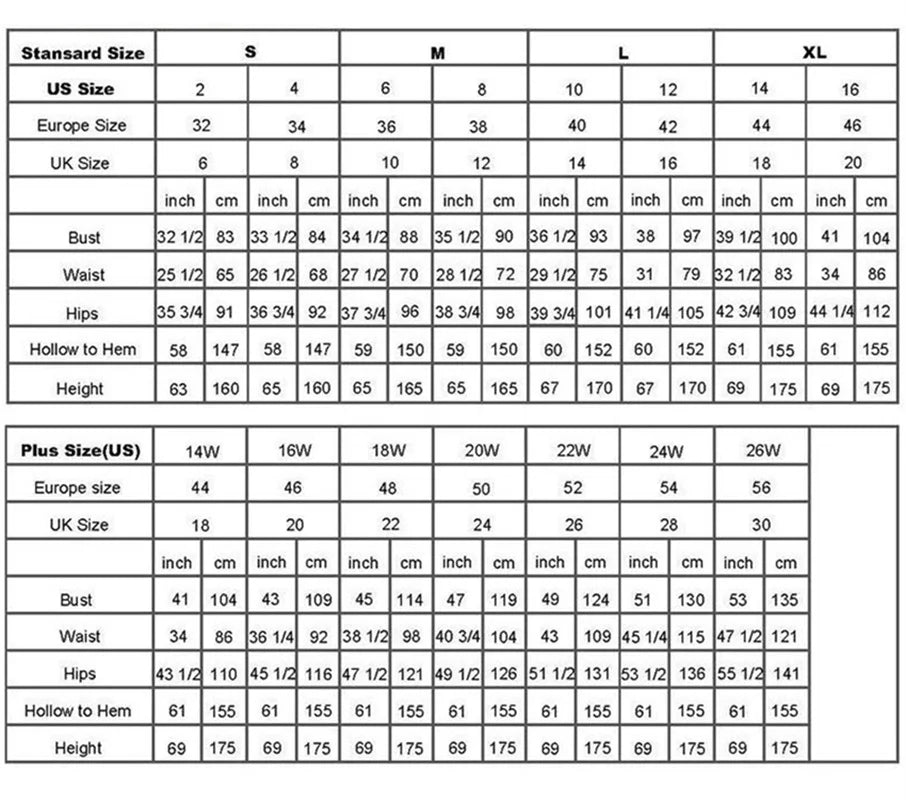 Size chart comparing US, Europe, and UK sizes with measurements in inches and centimeters.