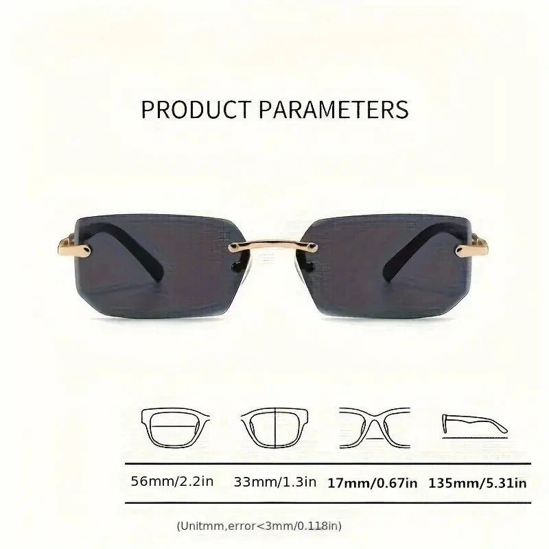 Sunglasses with gold frame and dark lenses on a white background, featuring product parameters.