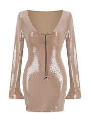 Sexy Luxury Sequins Short Dress Draw String Metal Sequin V-Neck Long Sleeve Bodycon Mini Dress Elegant Party Evening Club Dresses