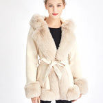 Women's Faux Fur Coat Faux Suede Furry Hood Quality Vegan Fur Coat With Belt Thick Warm Fur Cardigan Jacket