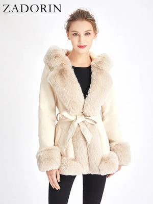 Women's Faux Fur Coat Faux Suede Furry Hood Quality Vegan Fur Coat With Belt Thick Warm Fur Cardigan Jacket