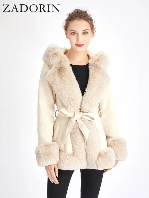 Faux Fur Coat Women Faux Suede Furry Hood Belt Thick Warm Vegan Cardigan Winter Jacket Outerwear