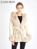 Women's Faux Fur Coat Faux Suede Furry Hood Quality Vegan Fur Coat With Belt Thick Warm Fur Cardigan Jacket