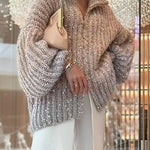 Women's Sequin Cardigan Sweater Sparkly Knitted Long Sleeve Loose Cardigan with Zipper Stand Collar