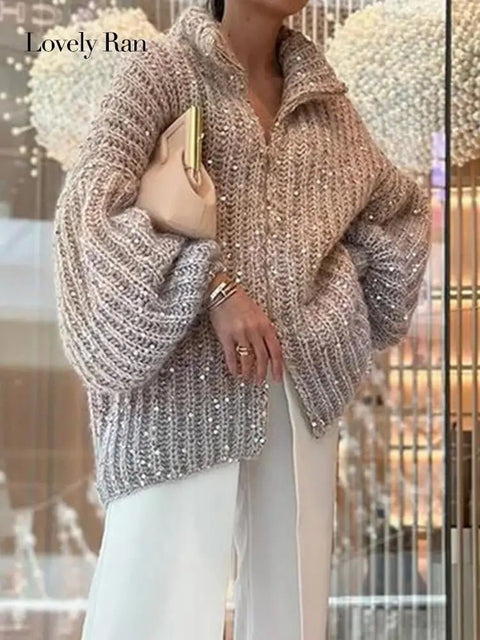 Sequin Cardigan Women Sparkly Knitted Long Sleeve Loose Zipper Stand Collar Elegant Fashion Sweater