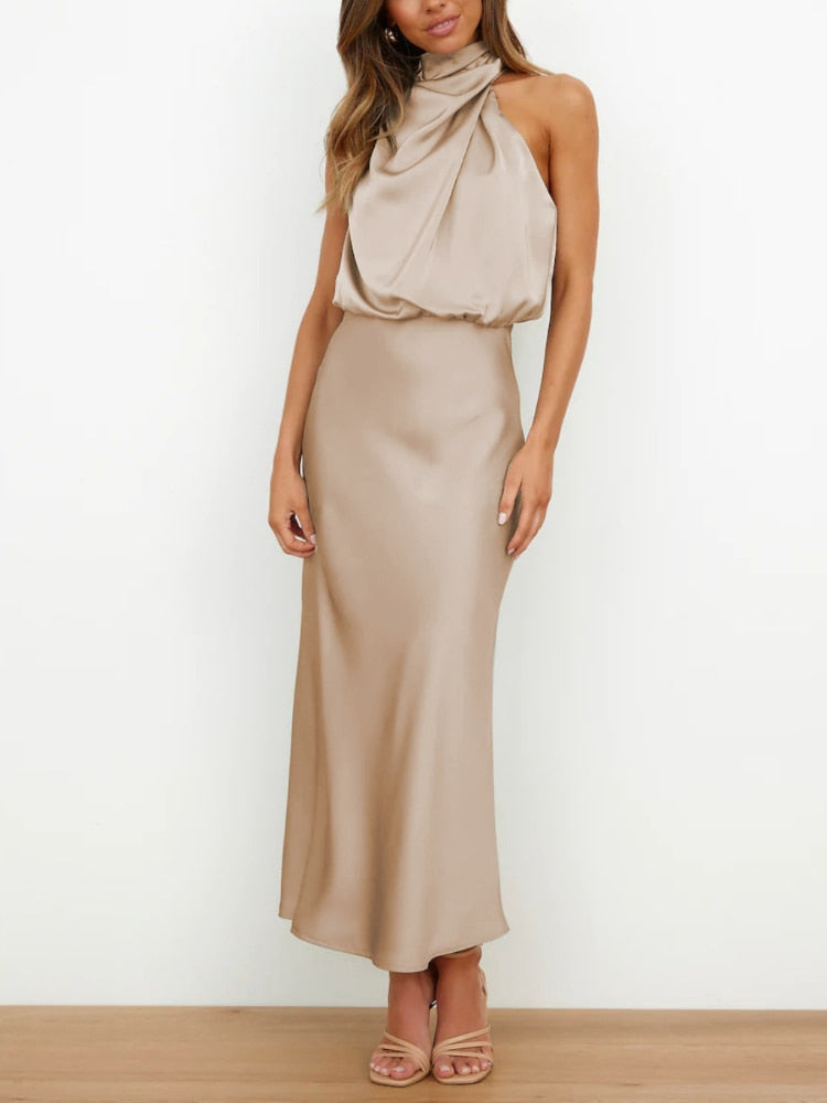 Satin Women's Evening Party Sleeveless Midi Dress High Asymmetrical Neckline Wedding Guest Dress