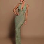 Sexy Halter Deep V-Neck Sequins Maxi Dress Green Sleeveless Backless Sequined Slim Long Dresses Wedding Party Prom Gowns