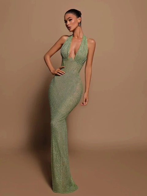 Sequin Maxi Dress Women Halter Deep V-Neck Green Sleeveless Backless Slim Elegant Wedding Party Prom