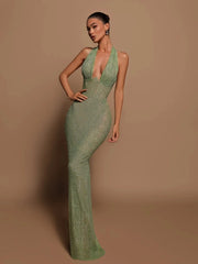 Sexy Halter Deep V-Neck Sequins Maxi Dress Green Sleeveless Backless Sequined Slim Long Dresses Wedding Party Prom Gowns