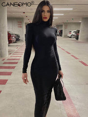 Women Black Long Sleeve Bodycon Midi Party Dress
