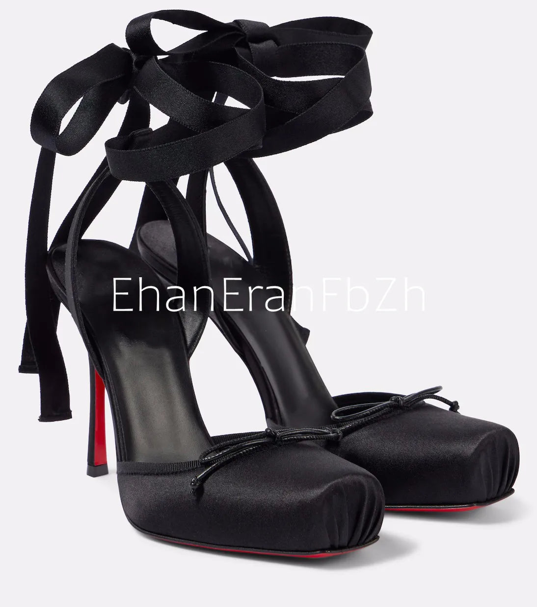 Stunning Black Satin High Heel Sandals with 10cm Red Sole w/ Ankle Straps