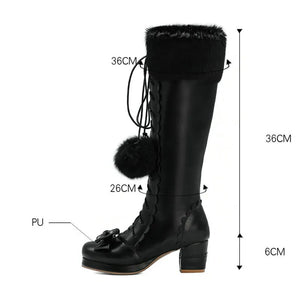 Women's High Winter Boots Warm Fur Neck Lolita Cosplay Party Princess Lace Up Boots Bowtie Chunky Heel Side Zipper PU Leather Boots