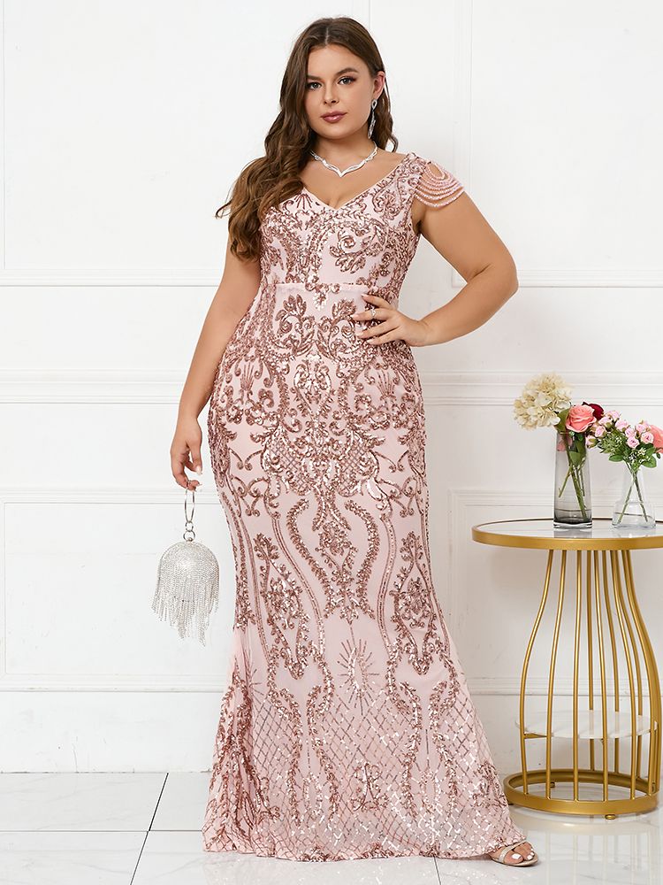 Elegant V Neck Evening Maxi Party Dress Women's Long Chic Beaded Design Prom Dress