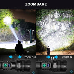 Zoombare flashlight being used to illuminate different scenes with zoom controls displayed.