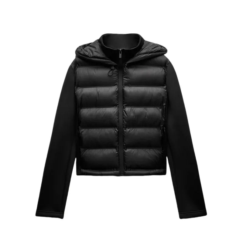 Black puffer jacket with a hood on a white background