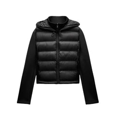 Black puffer jacket with a hood on a white background