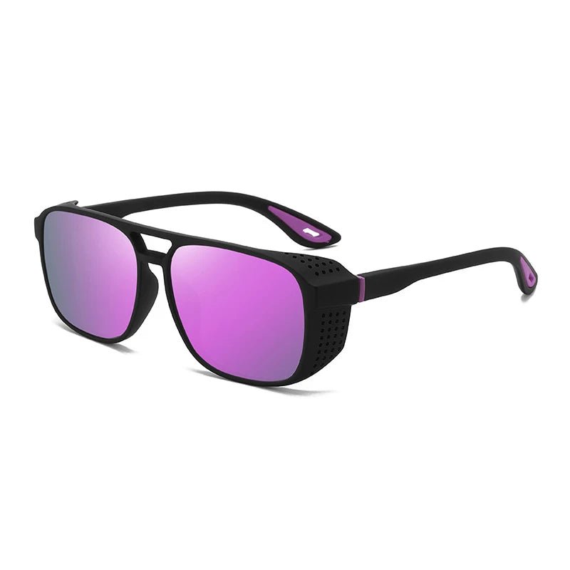 Sunglasses with black frame and pink-tinted lenses on a white background