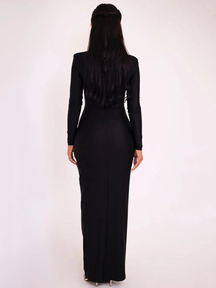 Elegant Black Cutout Long-Sleeve Evening Gown Hollow Out Maxi Dress