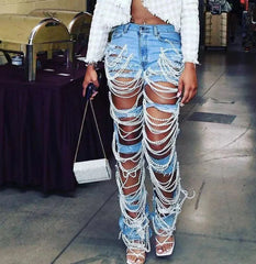 Women's Straight Distressed Jeans  Holes Pearls Diamond Rhinestones Solid High Waist Cotton High Street Denim Pants