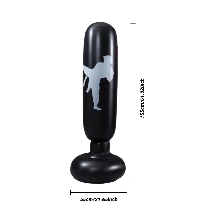Black inflatable punching bag with a white silhouette of a person on a white background