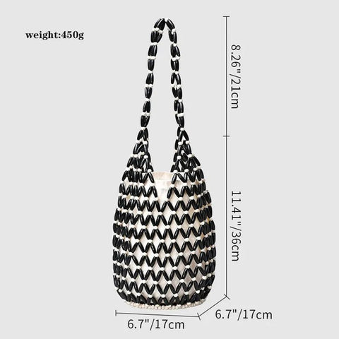 Woven Straw Bag Wooden Beads Shoulder Tote Beach Summer Bucket Handbag Boho Vacation Basket