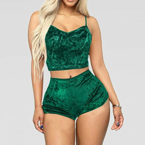 Velvet Pajama Set Women 2-Piece Shorts Top Party Casual Loungewear Sleepwear Fashion
