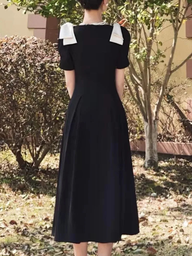 New Fashion Elegant Black Midi Dress Office Party Vintage A-Line V-Neck Pearl Detail Long Dress