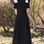 New Fashion Elegant Black Midi Dress Office Party Vintage A-Line V-Neck Pearl Detail Long Dress