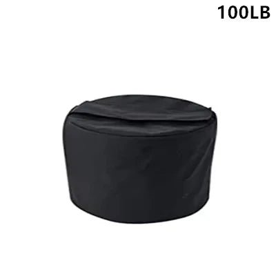 Black round ottoman with '100LB' label on a white background