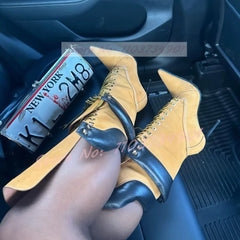 High Heel Lace-Up Stiletto Boots with Buckle Accents Yellow Flock Fold Over Pointed Toe Boots
