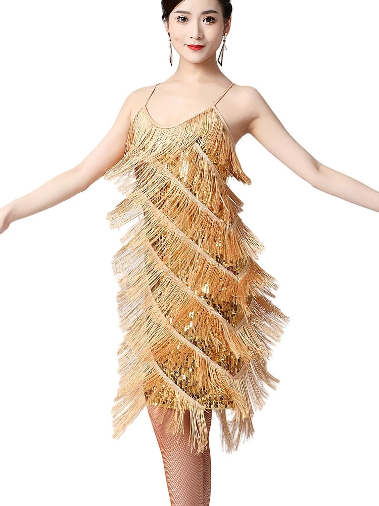 Woman wearing a gold fringe dress on a white background