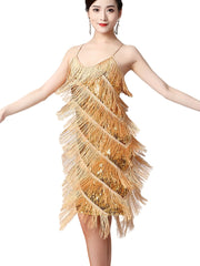 Woman wearing a gold fringe dress on a white background