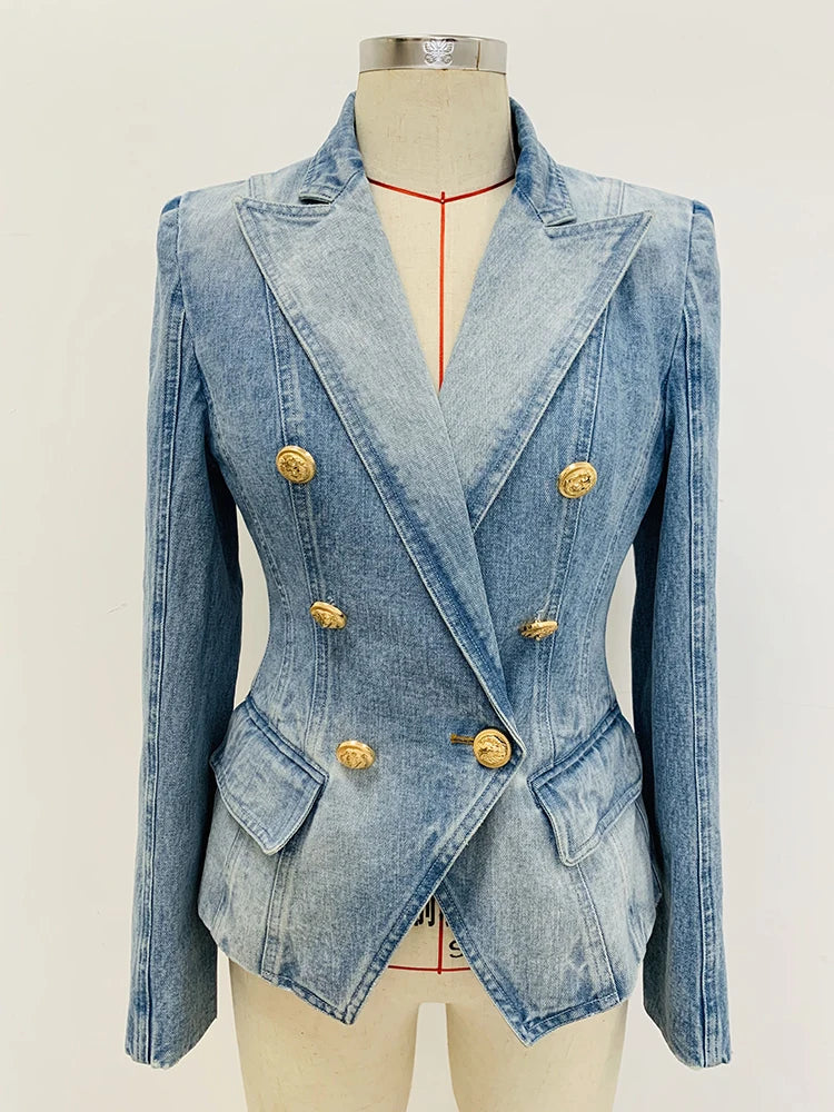 Women's Boutique Fashion Jean Jacket Slim Fit Double Breasted Gold Lion Buttons Denim Blazer